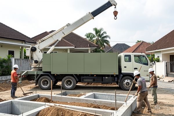 Concrete pump sedang memompa beton readymix ke lokasi proyek