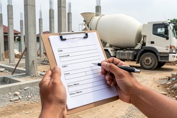 Truk molen beton readymix sedang menuangkan beton ke dalam area pengecoran.
